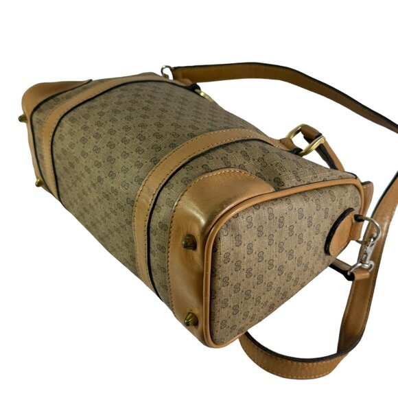 70's GUCCI Beige Canvas Tan Leather Micro GG Monogram Satchel Made in Italy - Picture 12 of 15
